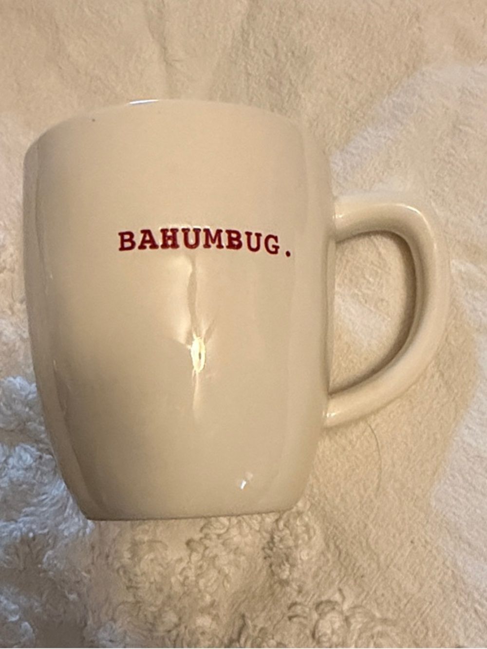 Rae Dunn White Ceramic Mug with Red "BAHUMBUG." Lettering